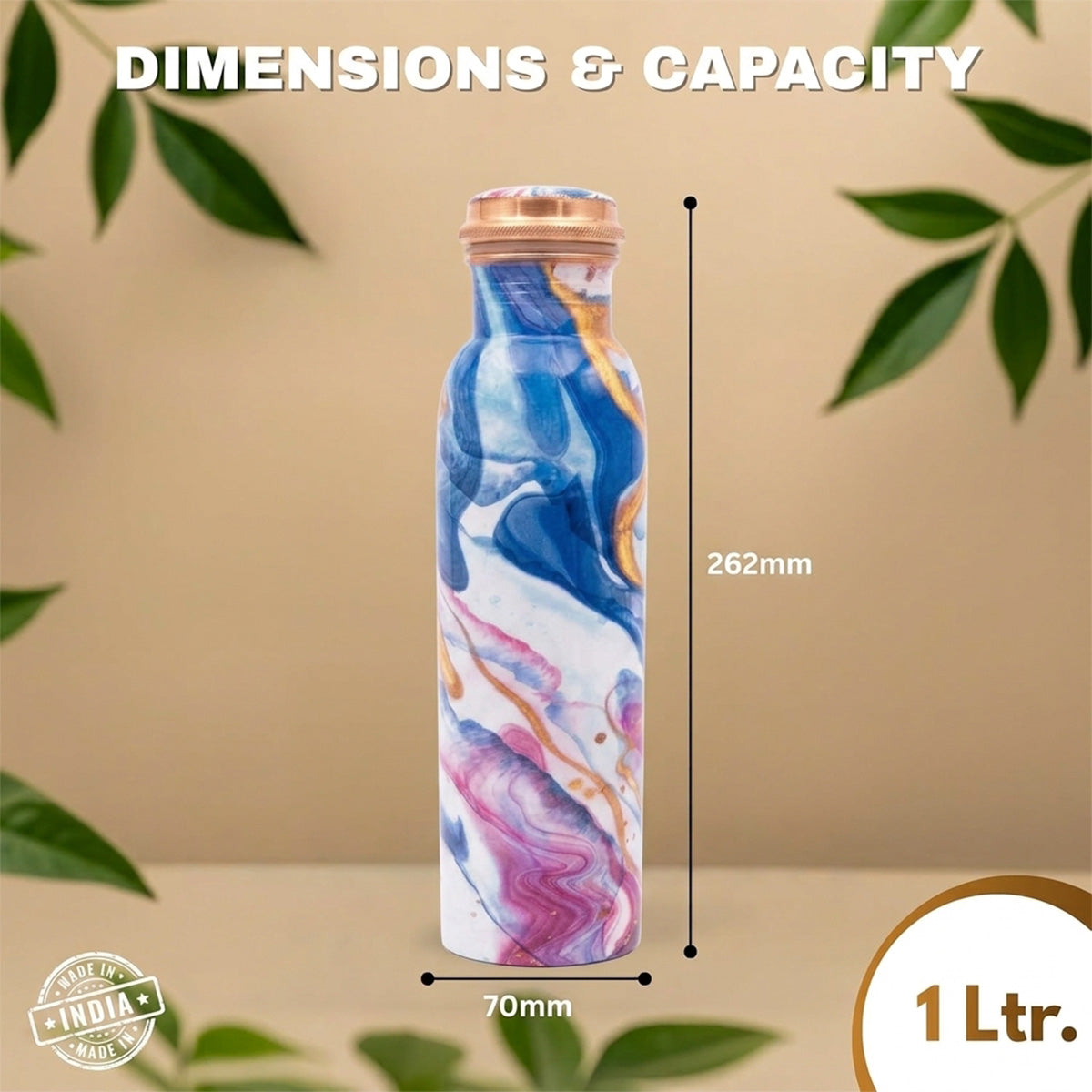 1 litre copper water bottle Blue Coral Fusion