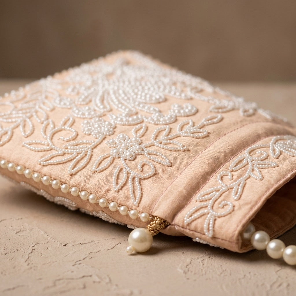 Beige mirror work potli bag with drawstring