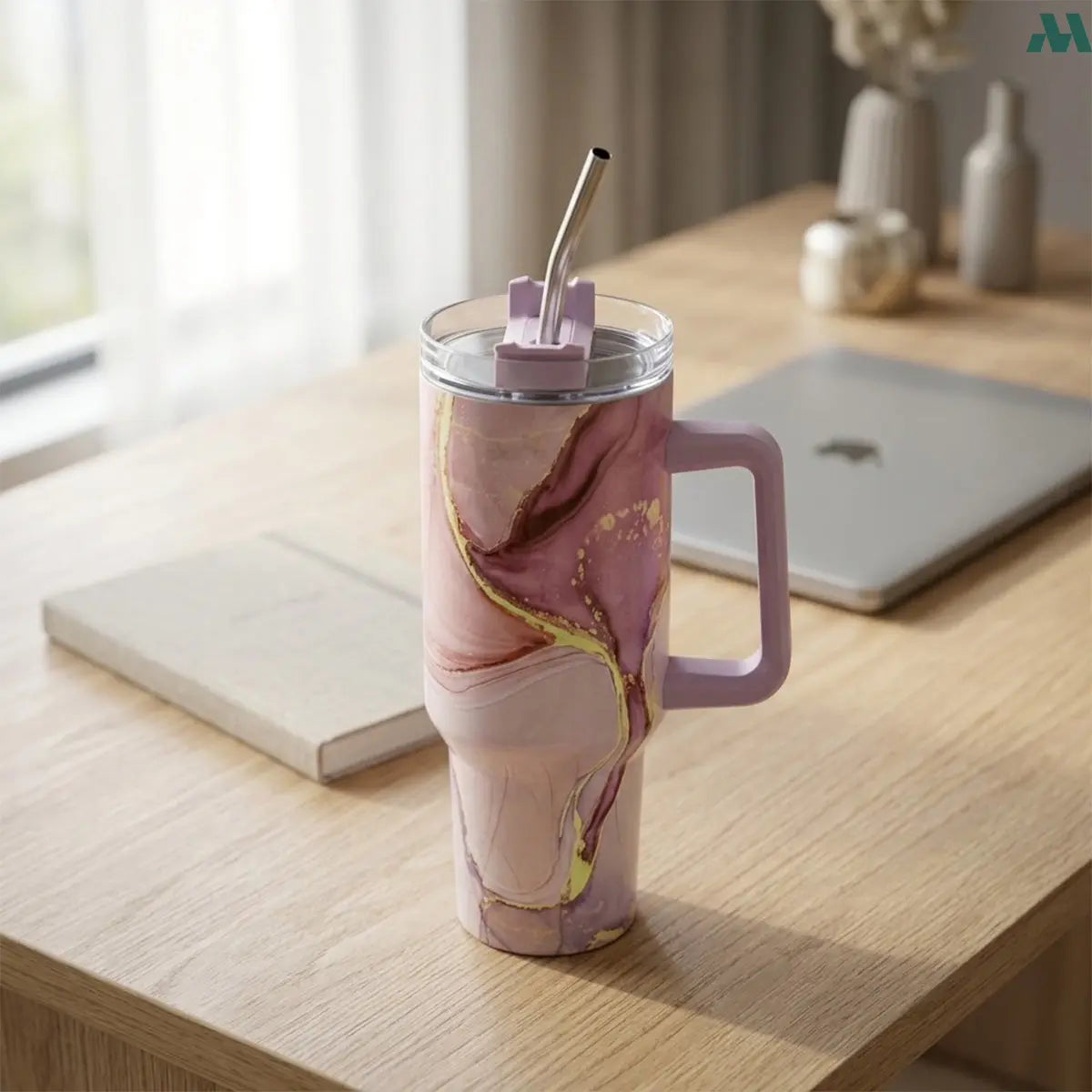 Pink marble straw travel cup with handle