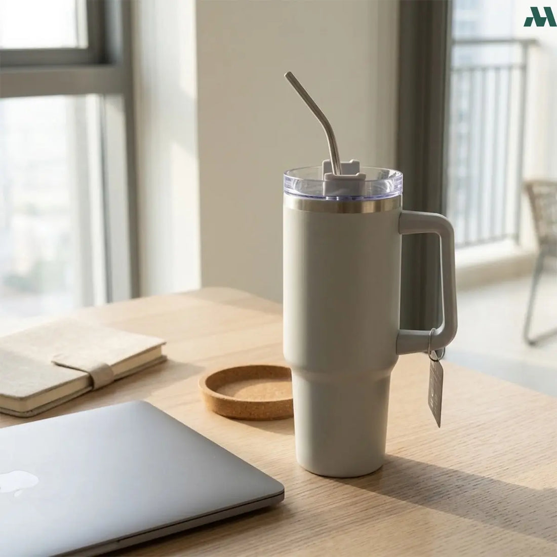 White insulated tumbler with handle and straw 1.2L