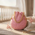 Pink embroidered mirror work potli bag Mobcos
