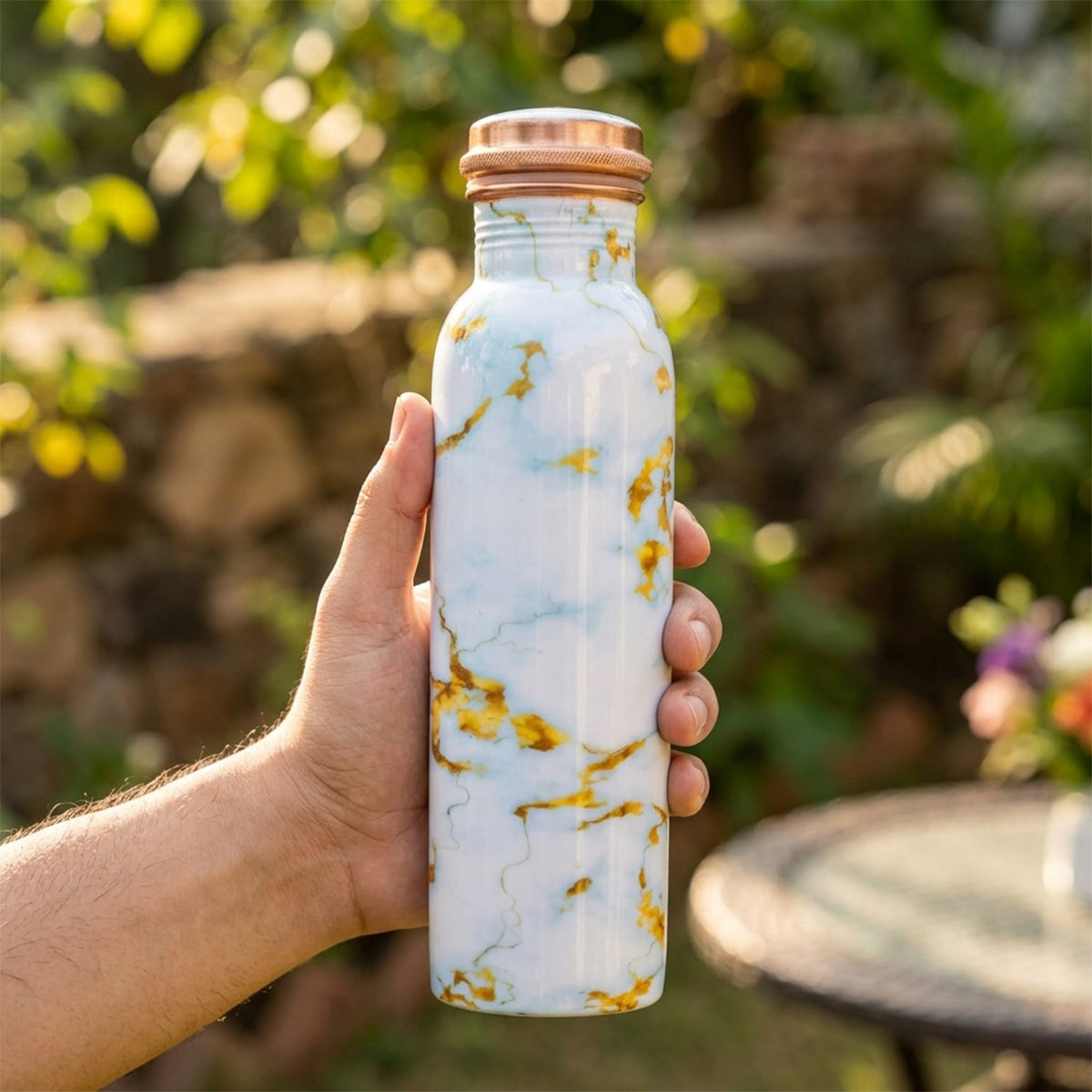 Sky Gold Marble copper bottle with leakproof cap