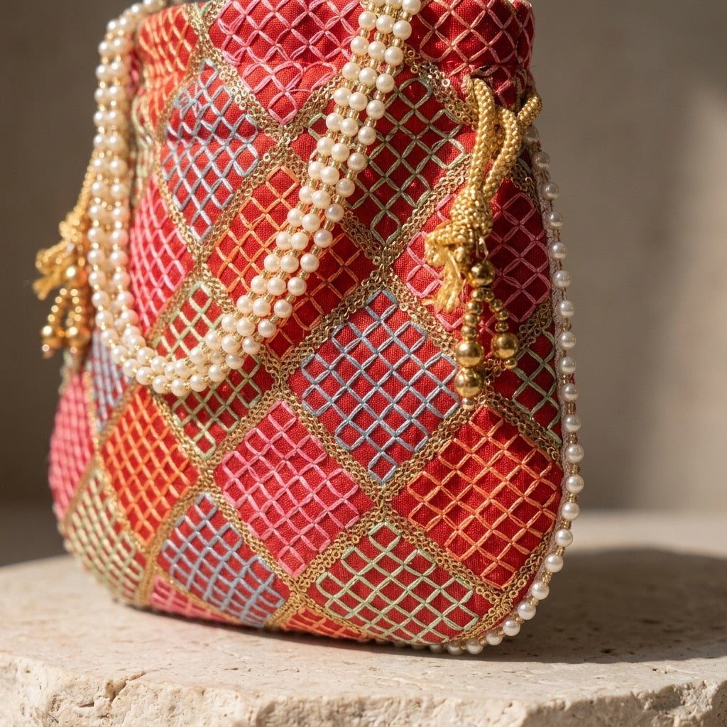 Orange embroidered mirror work potli bag
