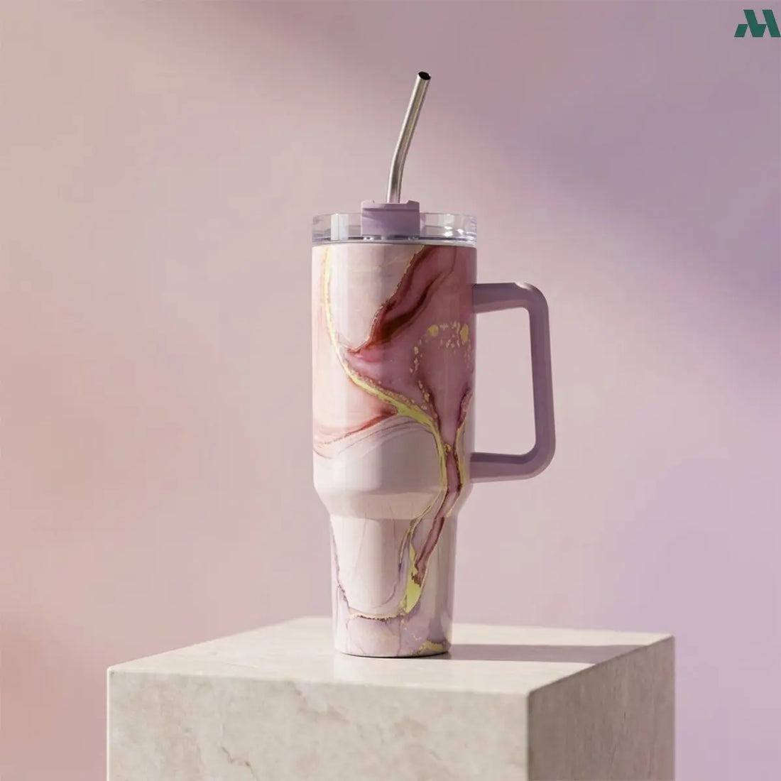 Pink marble insulated tumbler with handle and straw 1.2L