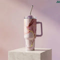 Pink marble insulated tumbler with handle and straw 1.2L