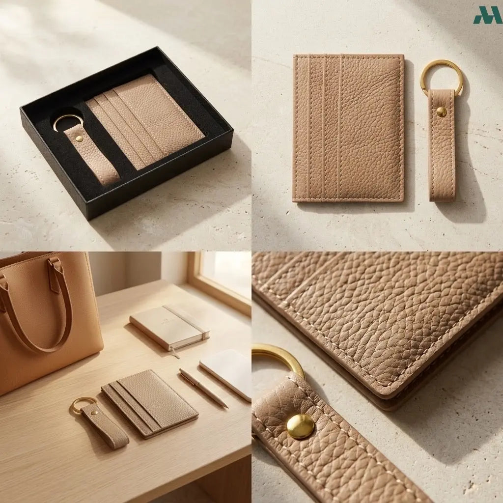Cream leather wallet keychain