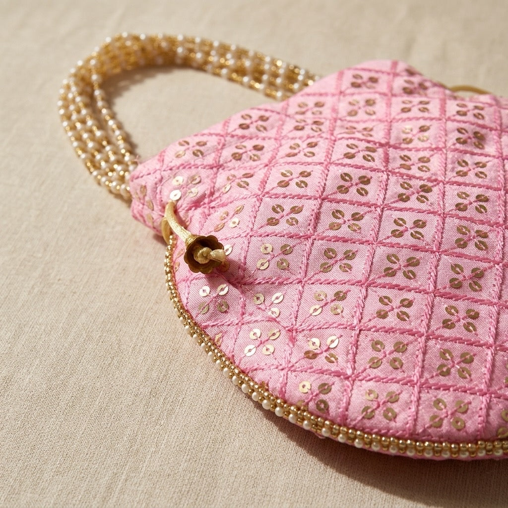 Pink mirror work potli bag with drawstring