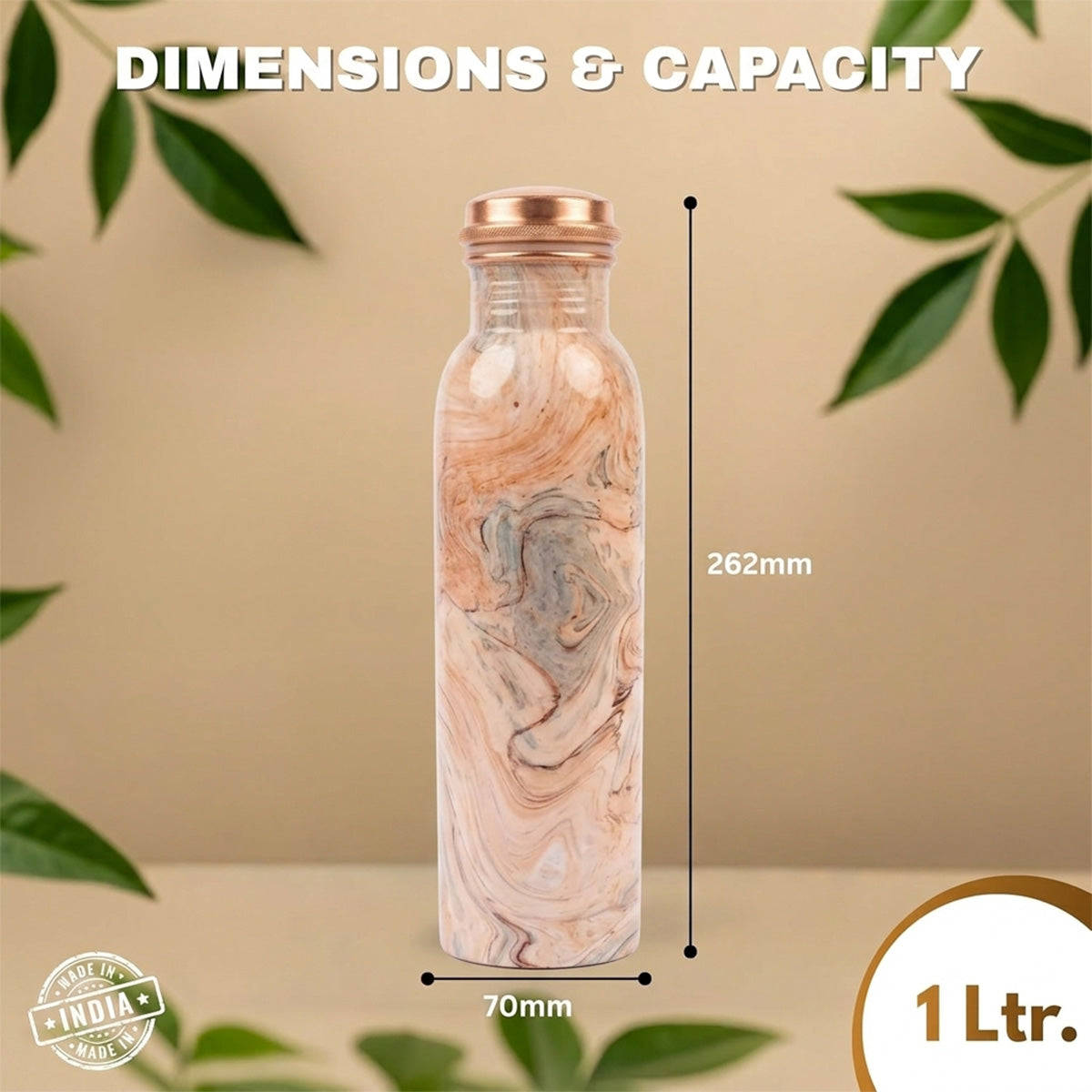 1 litre copper water bottle Natural Wood Swirl