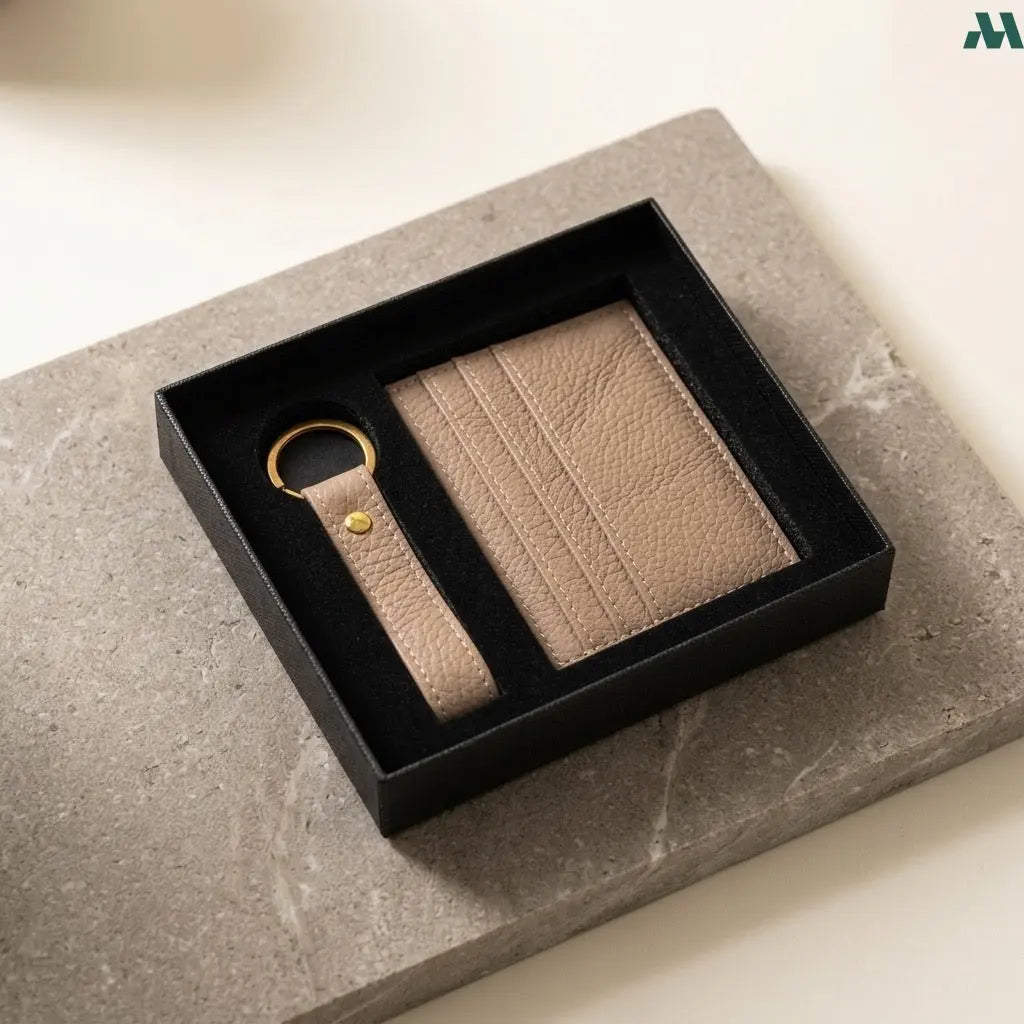 Cream leather card holder and keychain gift set