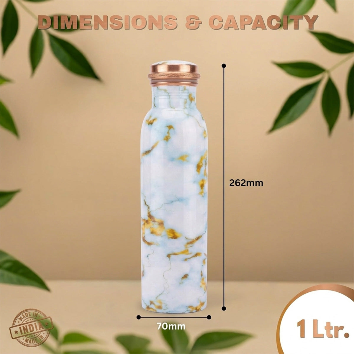 1 litre copper water bottle Sky Gold Marble