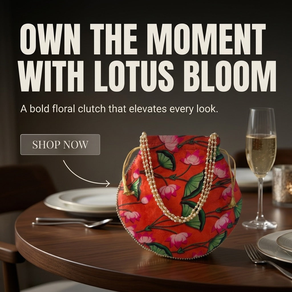 Red floral potli bag with drawstring