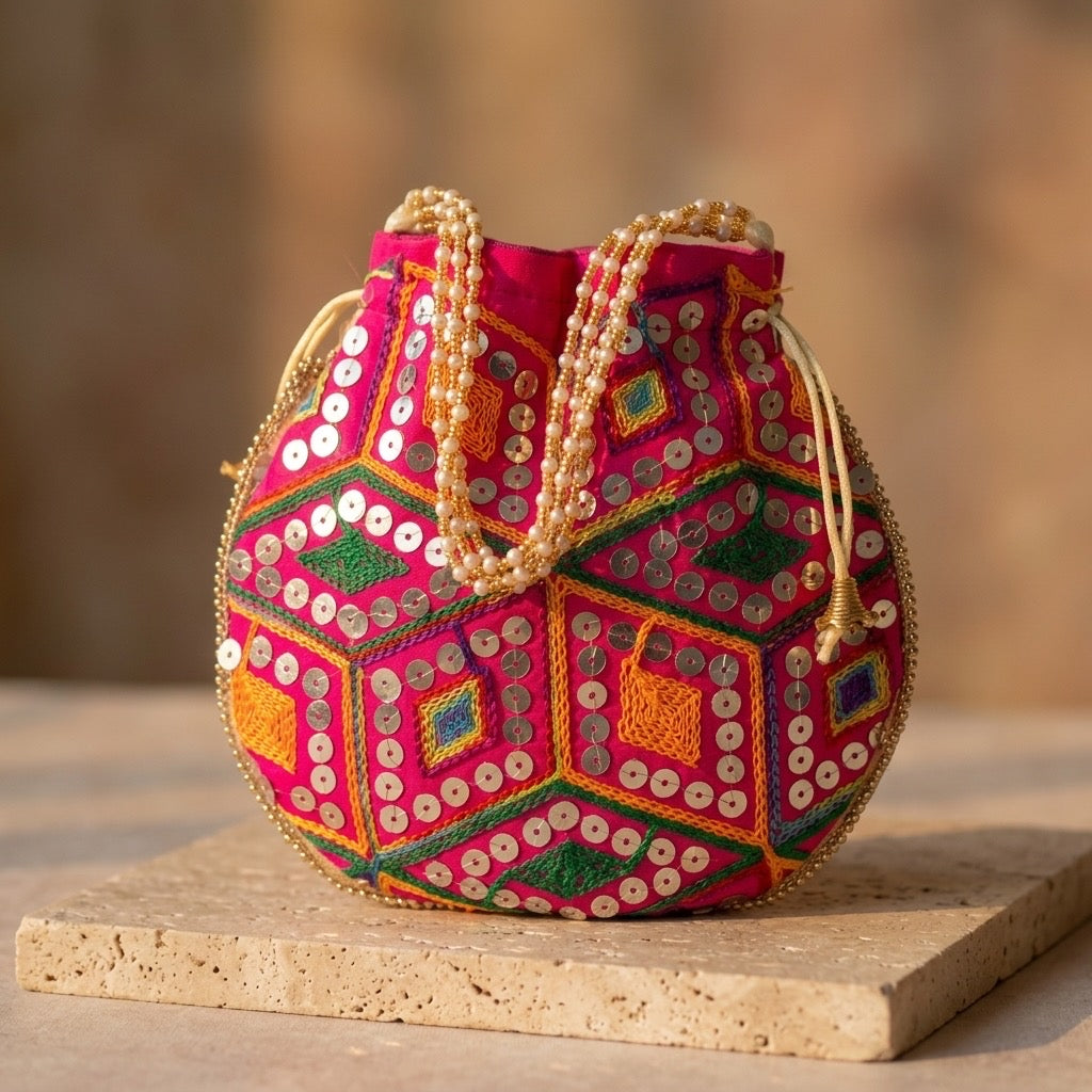 Multicolor mirror work potli bag with drawstring