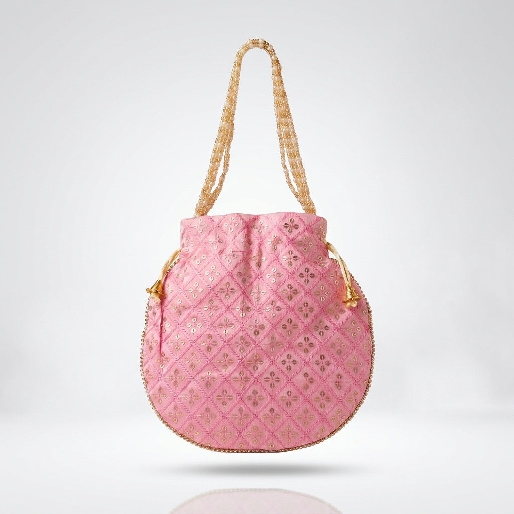 Pink mirror work potli pouch drawstring closure