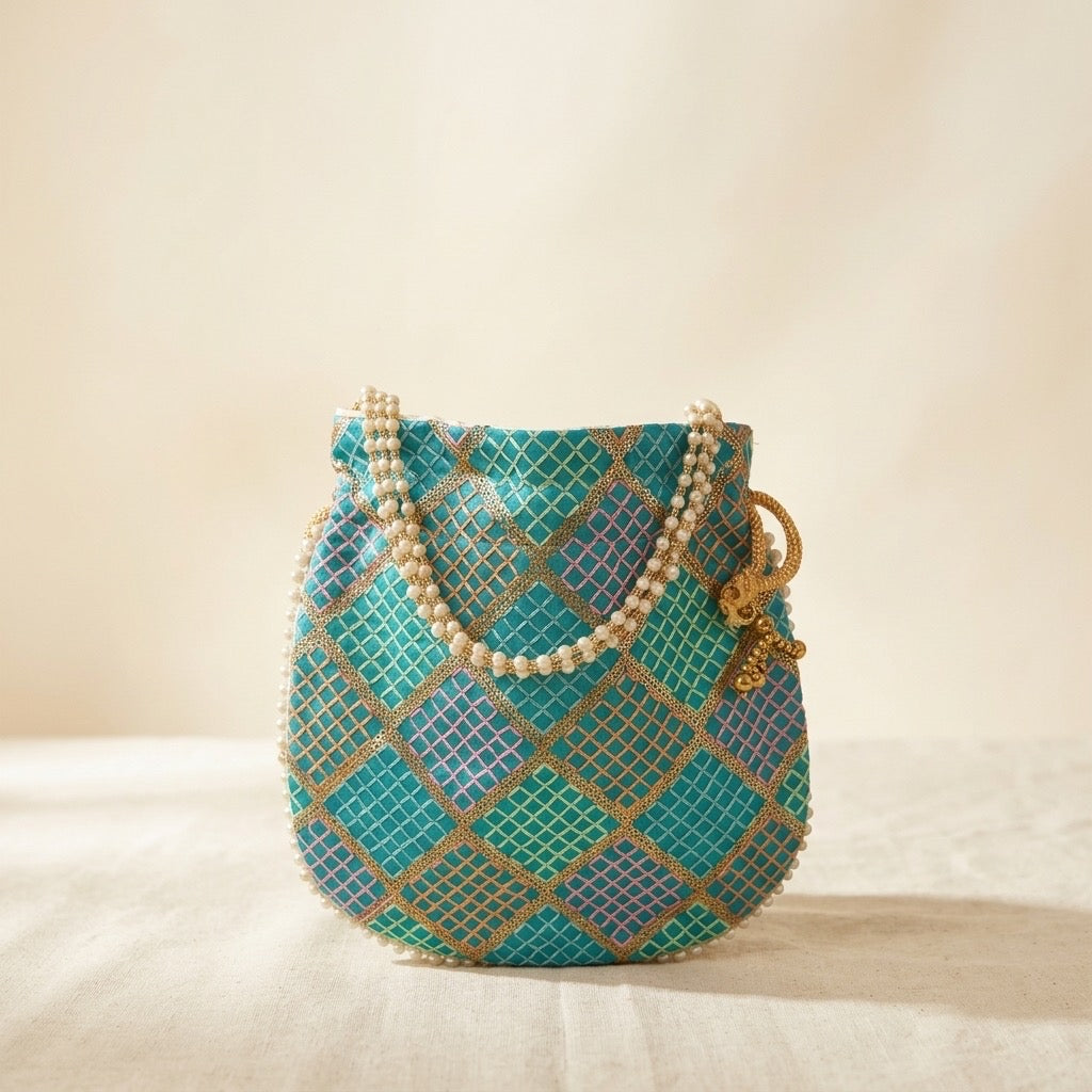 Handcrafted Indian mirror work potli bag blue