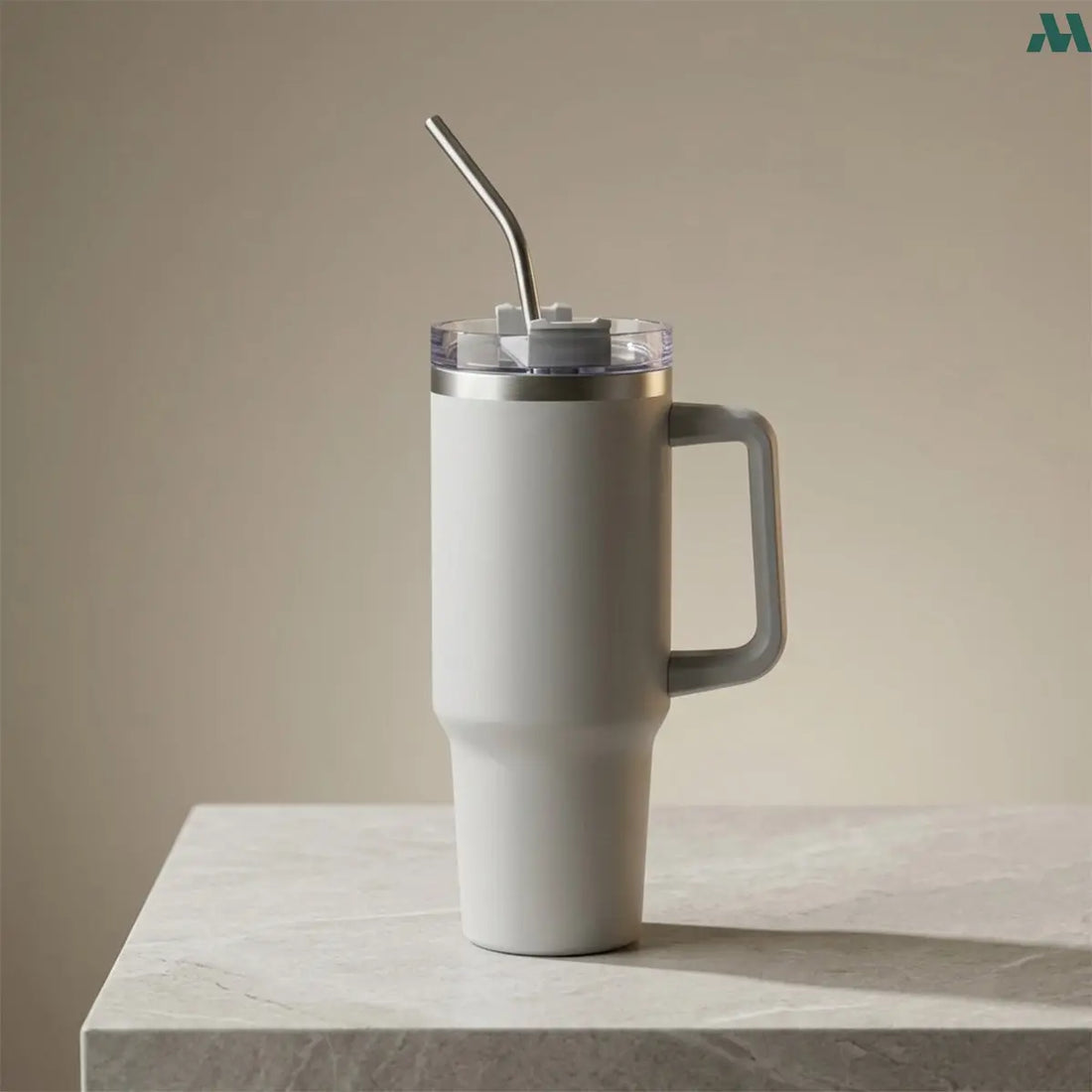 White insulated tumbler with handle and straw 1.2L