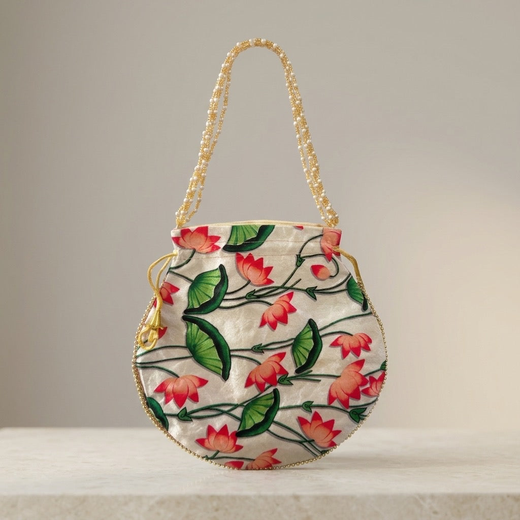 Beige floral potli bag with drawstring