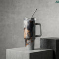 Gray marble straw travel cup with handle