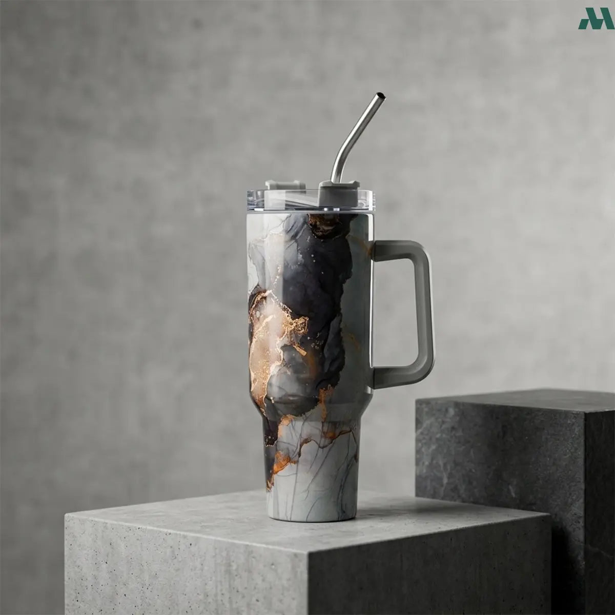 Gray marble straw travel cup with handle