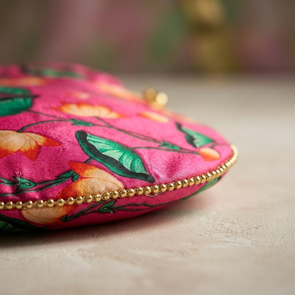 Pink floral potli bag held in hand