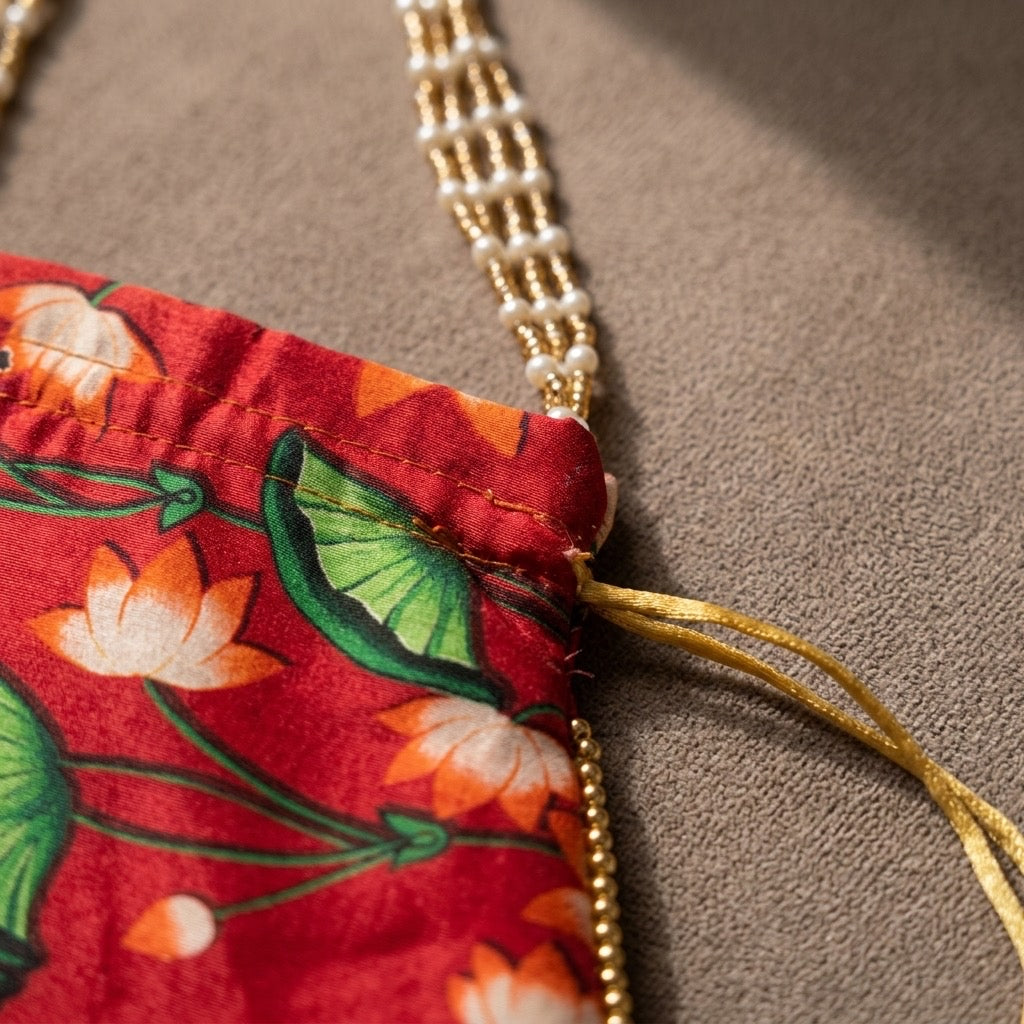 Handcrafted Indian floral potli bag red-orange