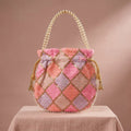 Light pink mirror work potli bag with drawstring