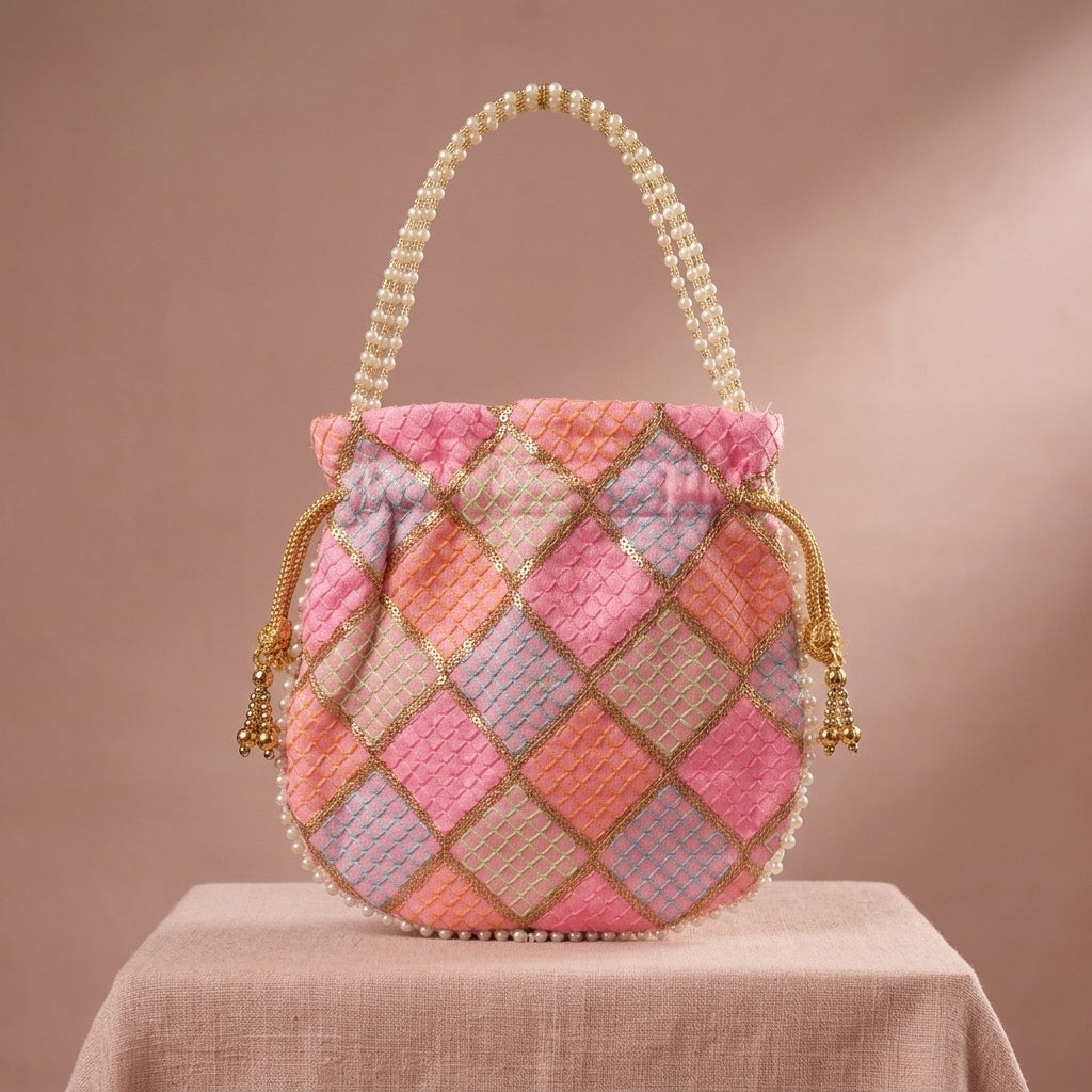 Light pink mirror work potli bag with drawstring