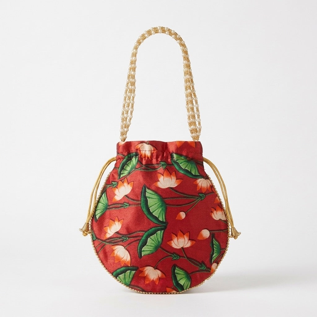 Red-orange floral print potli bag Mobcos