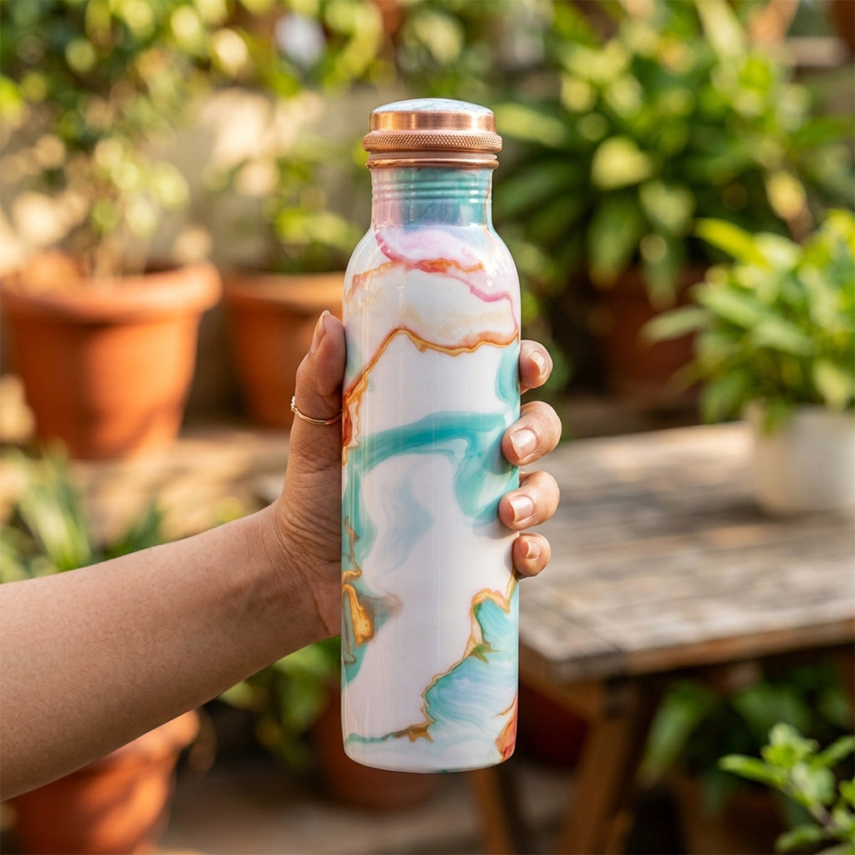 Oceanic Rose Agate copper bottle with leakproof cap