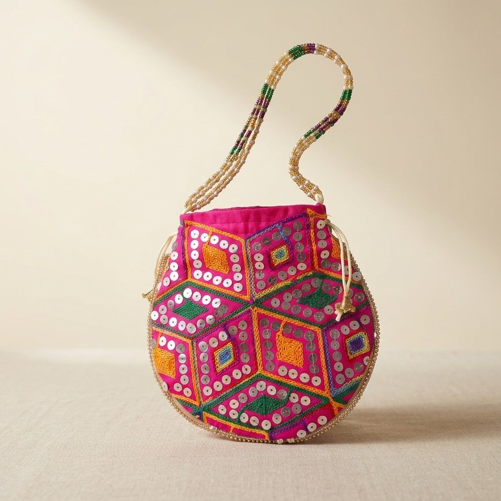 Multicolor embroidered mirror work potli bag