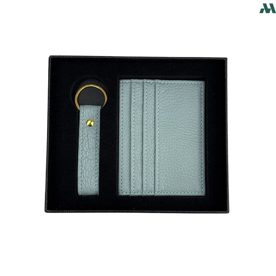 Teal leather card holder and keychain gift set