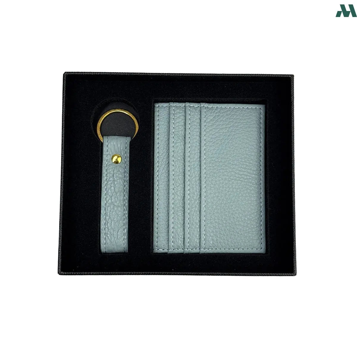 Teal leather card holder and keychain gift set