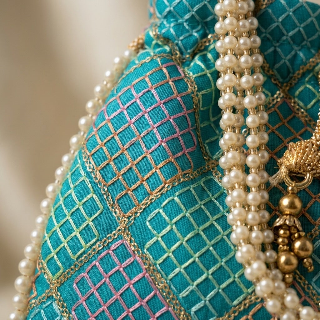 Blue mirror work potli bag with drawstring