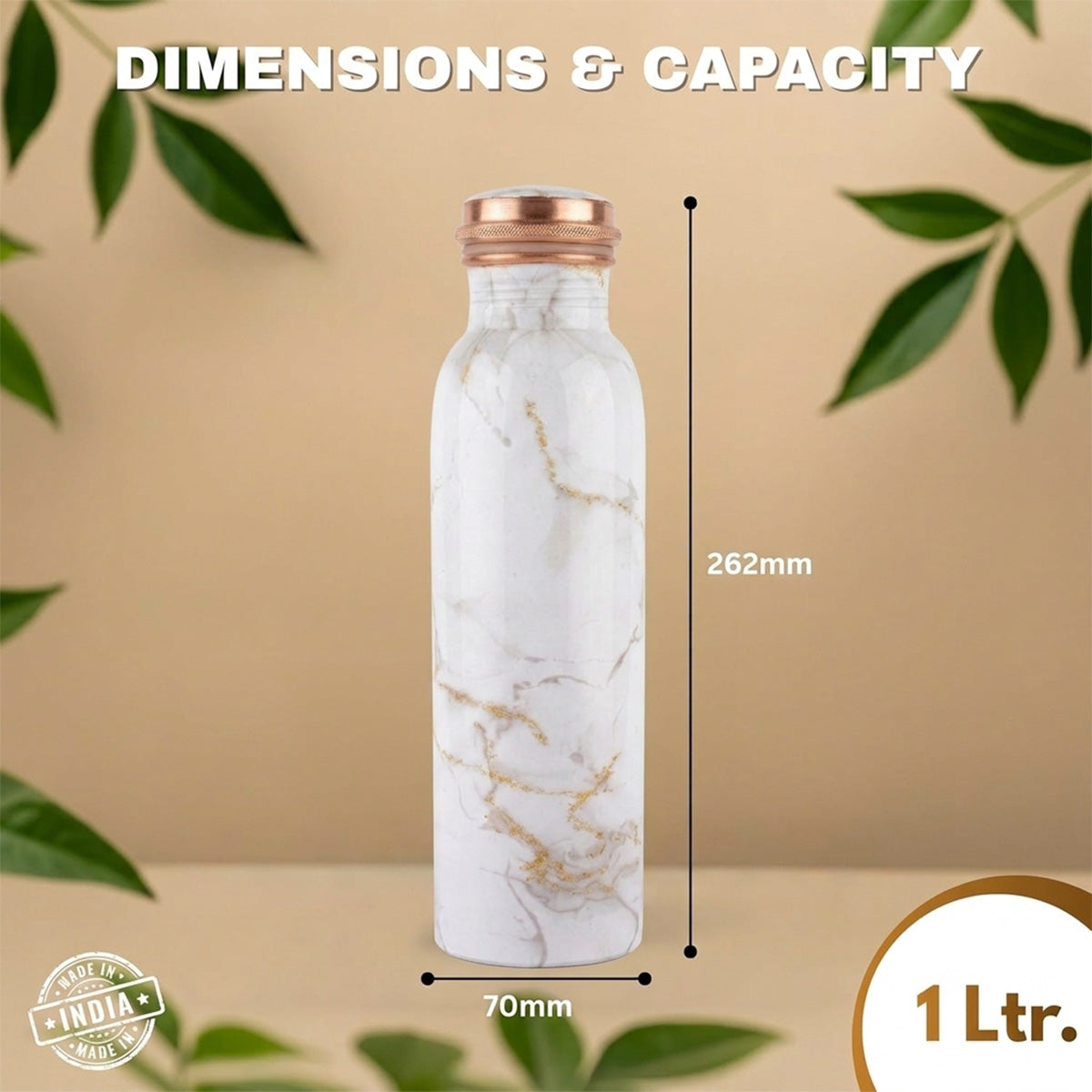 1 litre copper water bottle Ivory Gold Vein