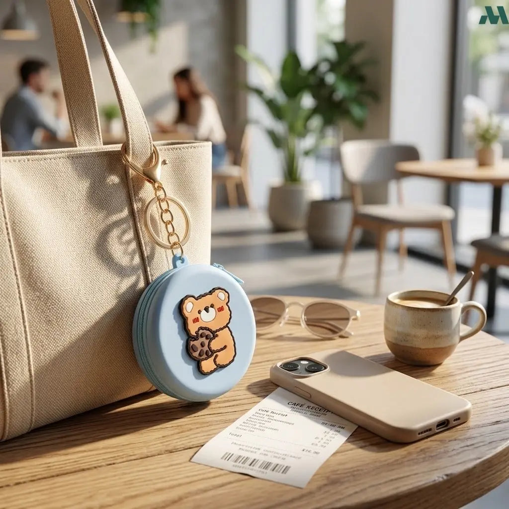Silicone coin purse clipped to bag