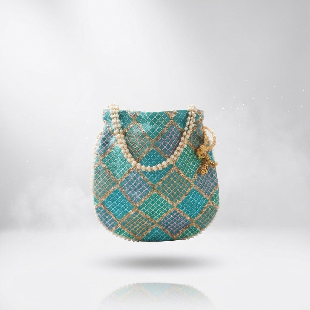 Blue mirror work potli bag ethnic accessory