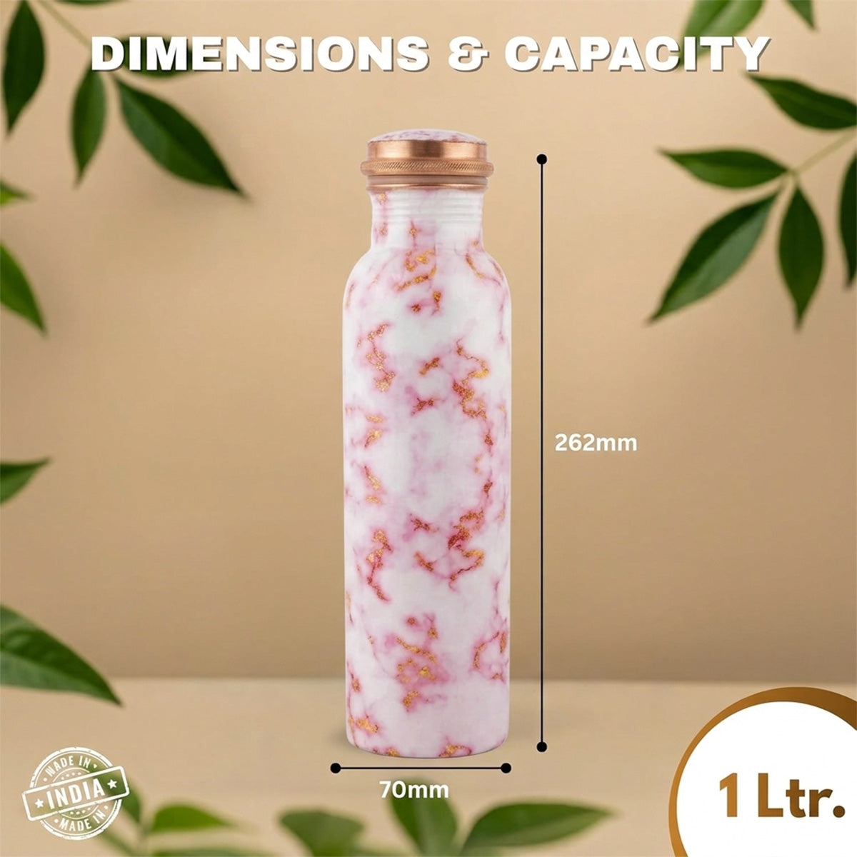 1 litre copper water bottle Blush Rose Marble