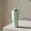 Sage green insulated tumbler with handle and straw 1.2L