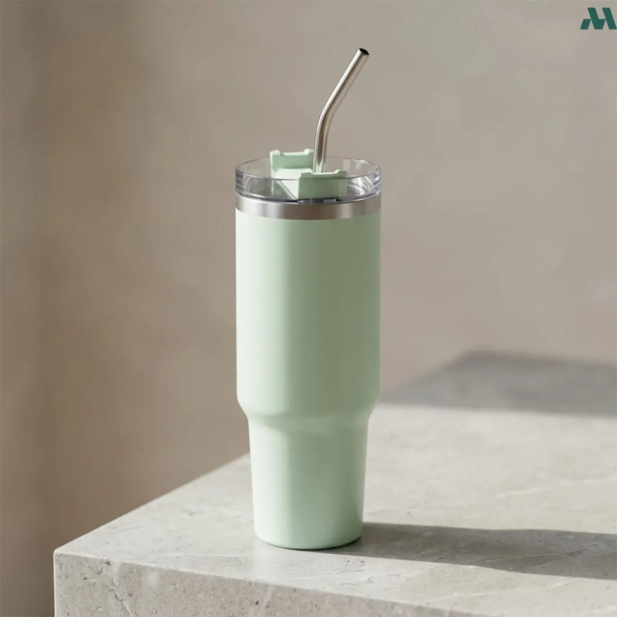 Sage green insulated tumbler with handle and straw 1.2L