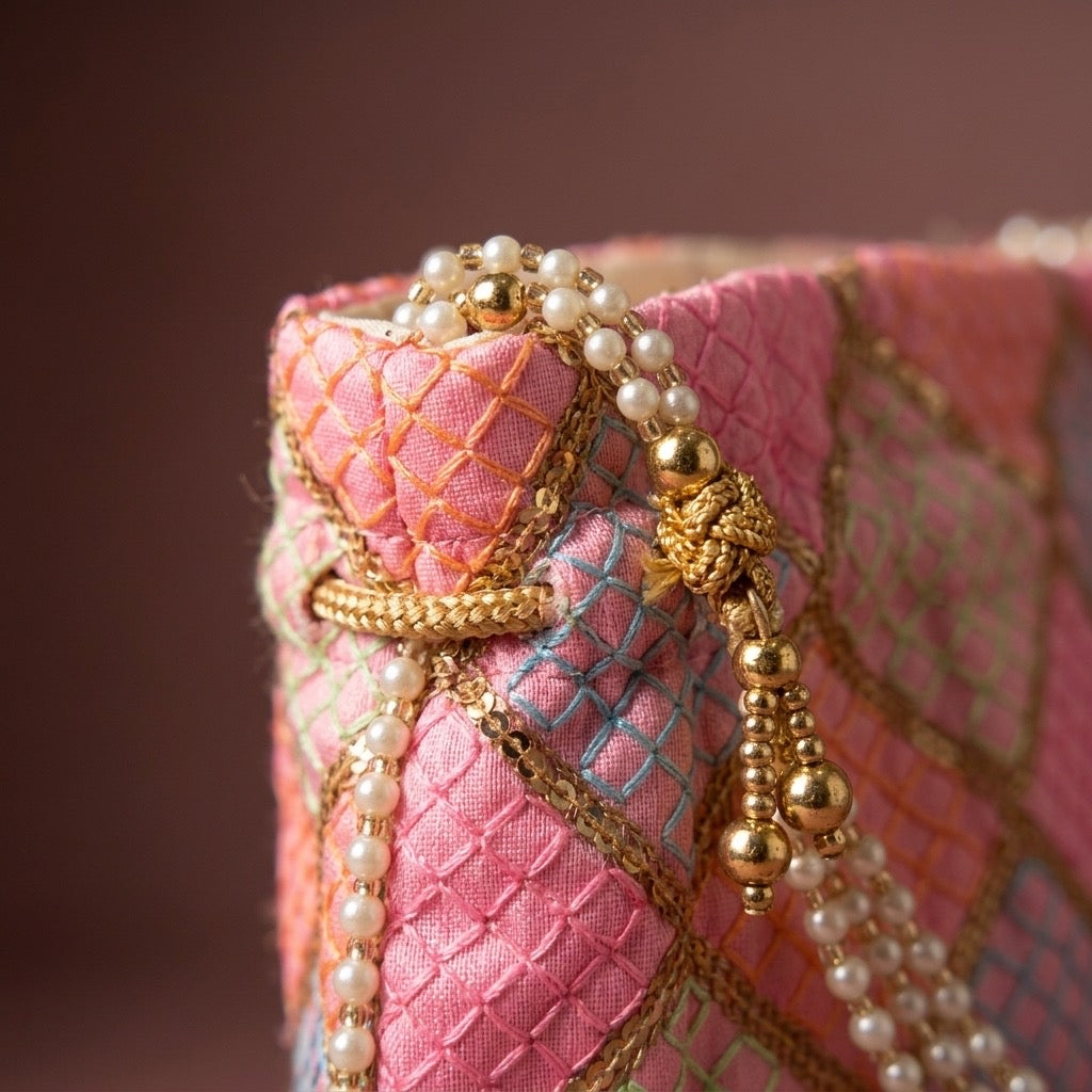 Handcrafted Indian mirror work potli bag light pink