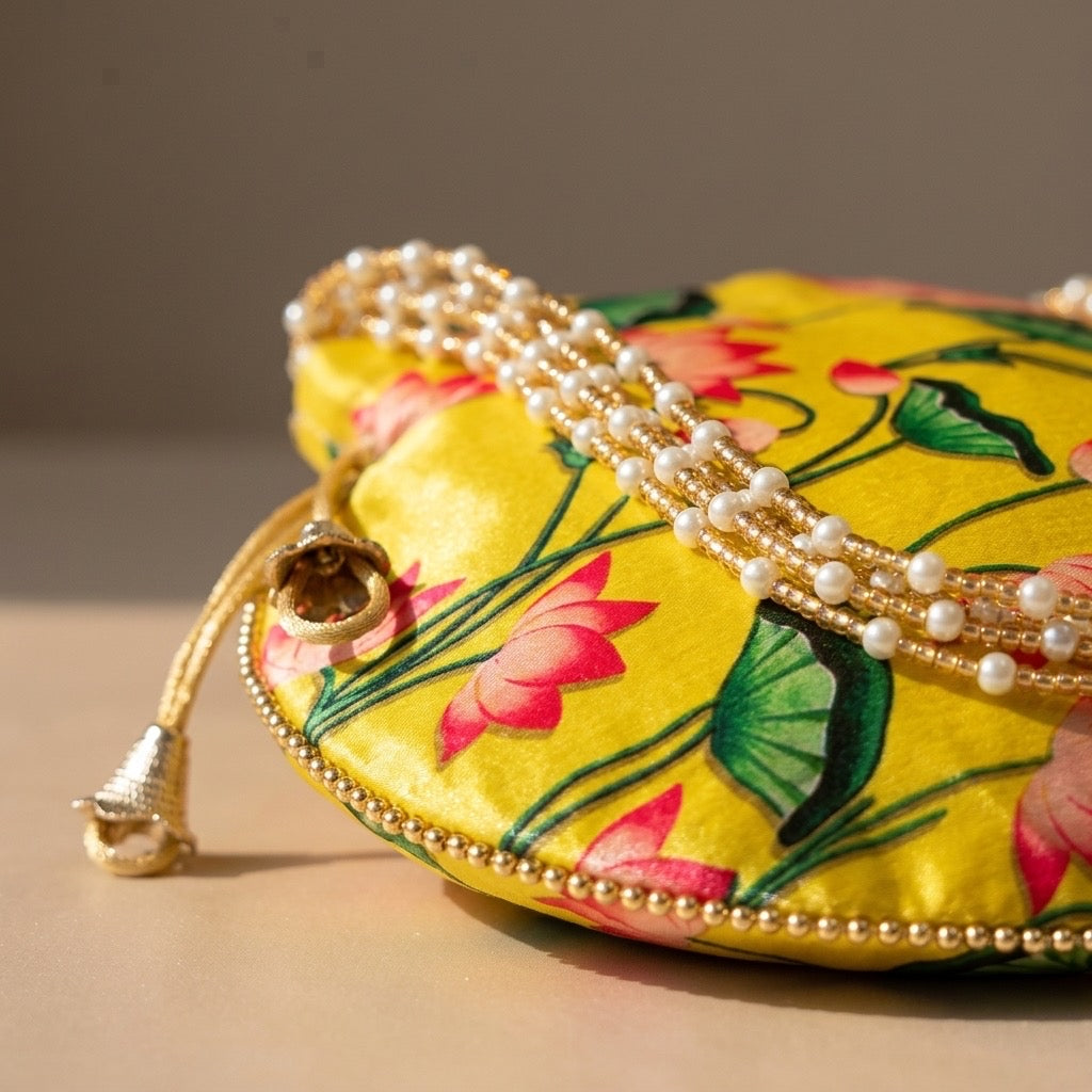 Yellow floral print handcrafted potli bag