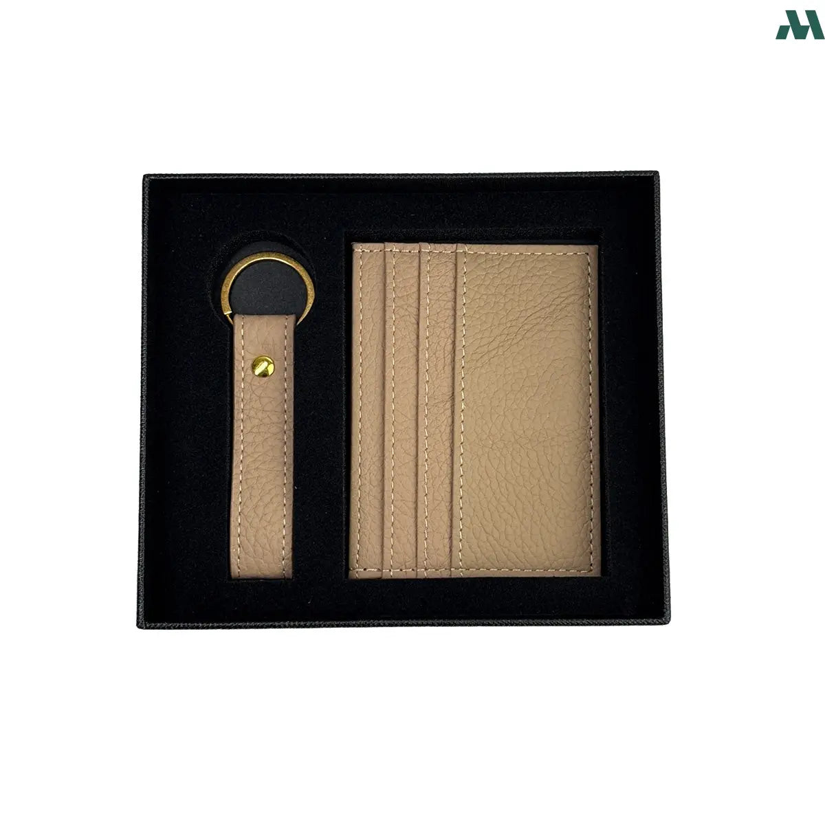 Cream leather card holder and keychain gift set