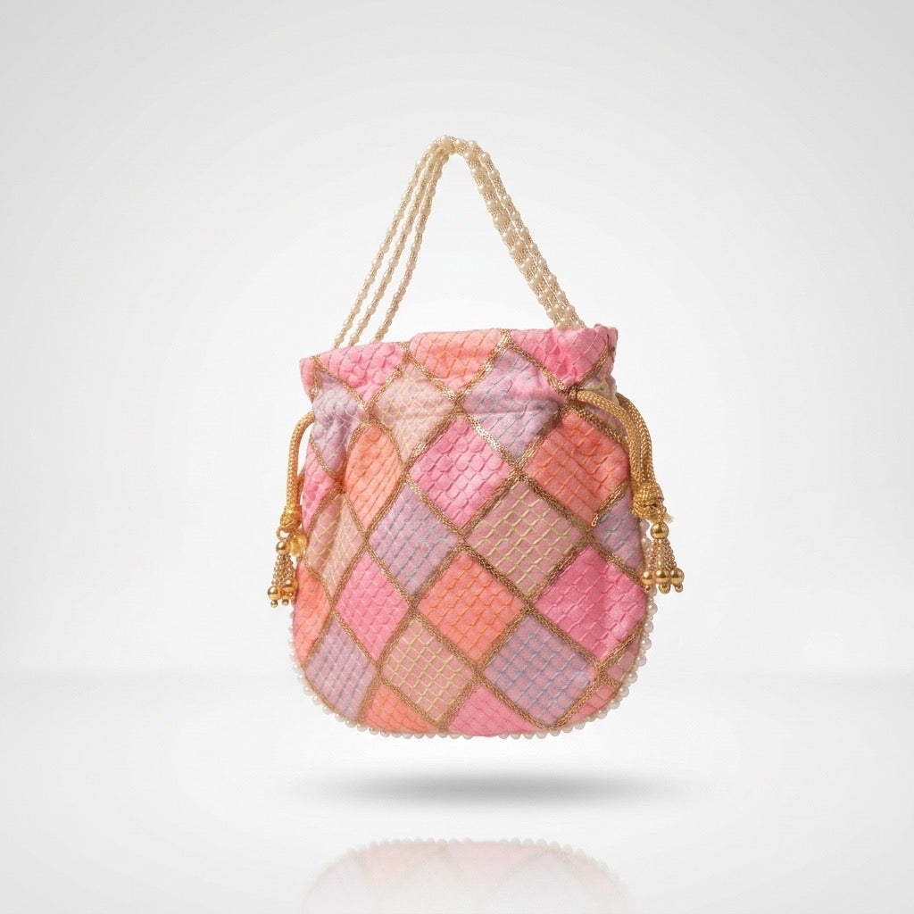 Light pink embroidered mirror work potli bag Mobcos