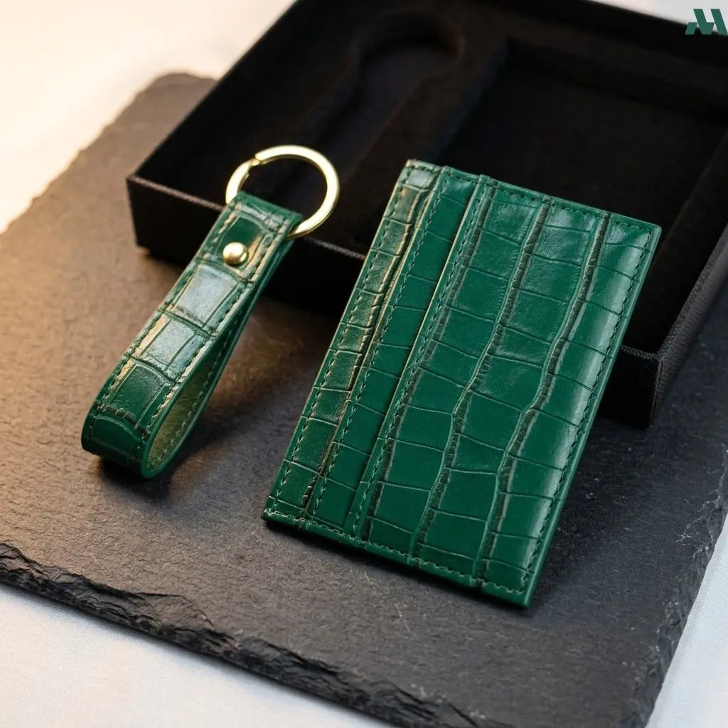Leather card holder with matching keychain