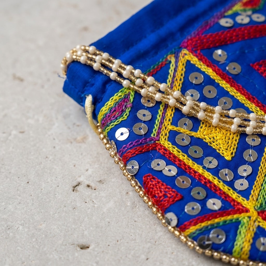 Handcrafted Indian mirror work potli bag dark blue
