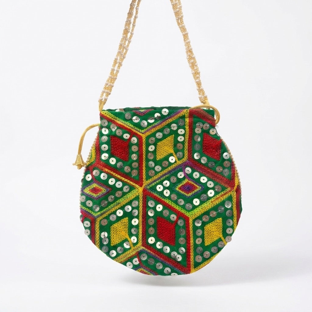 Green mirror work potli bag ethnic accessory