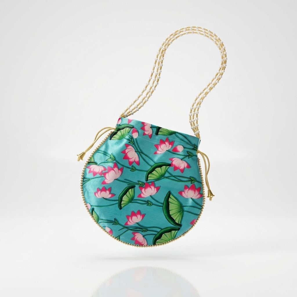 Blue floral potli pouch drawstring closure