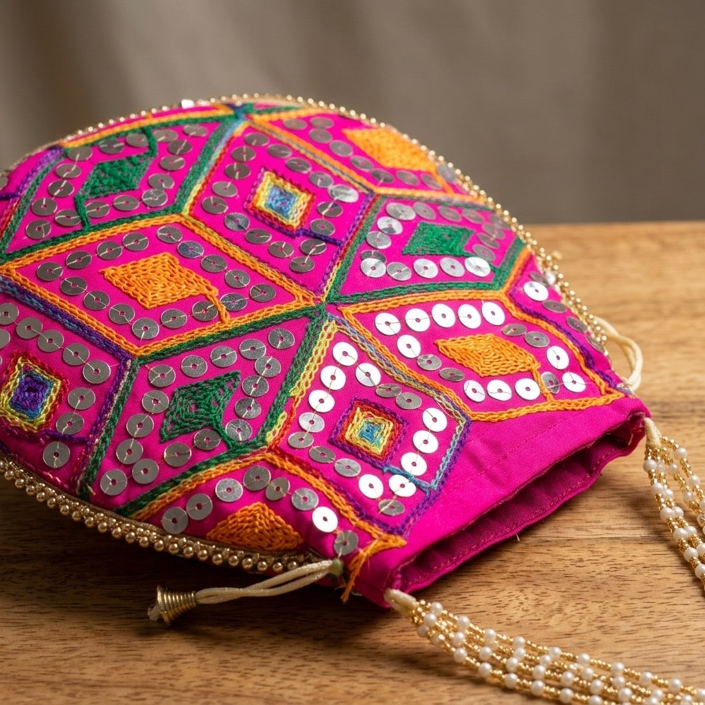Multicolor mirror work potli embroidery detail