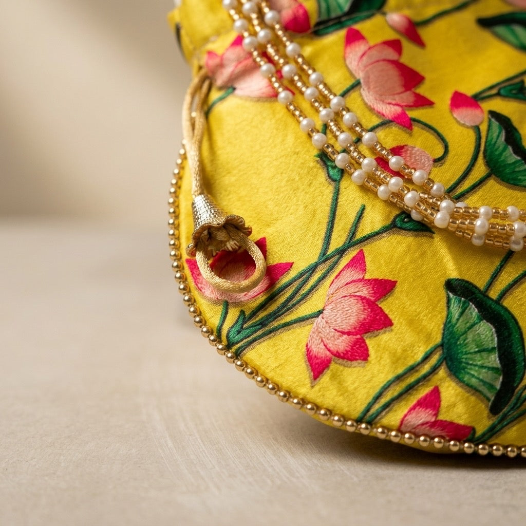 Handcrafted Indian floral potli bag yellow