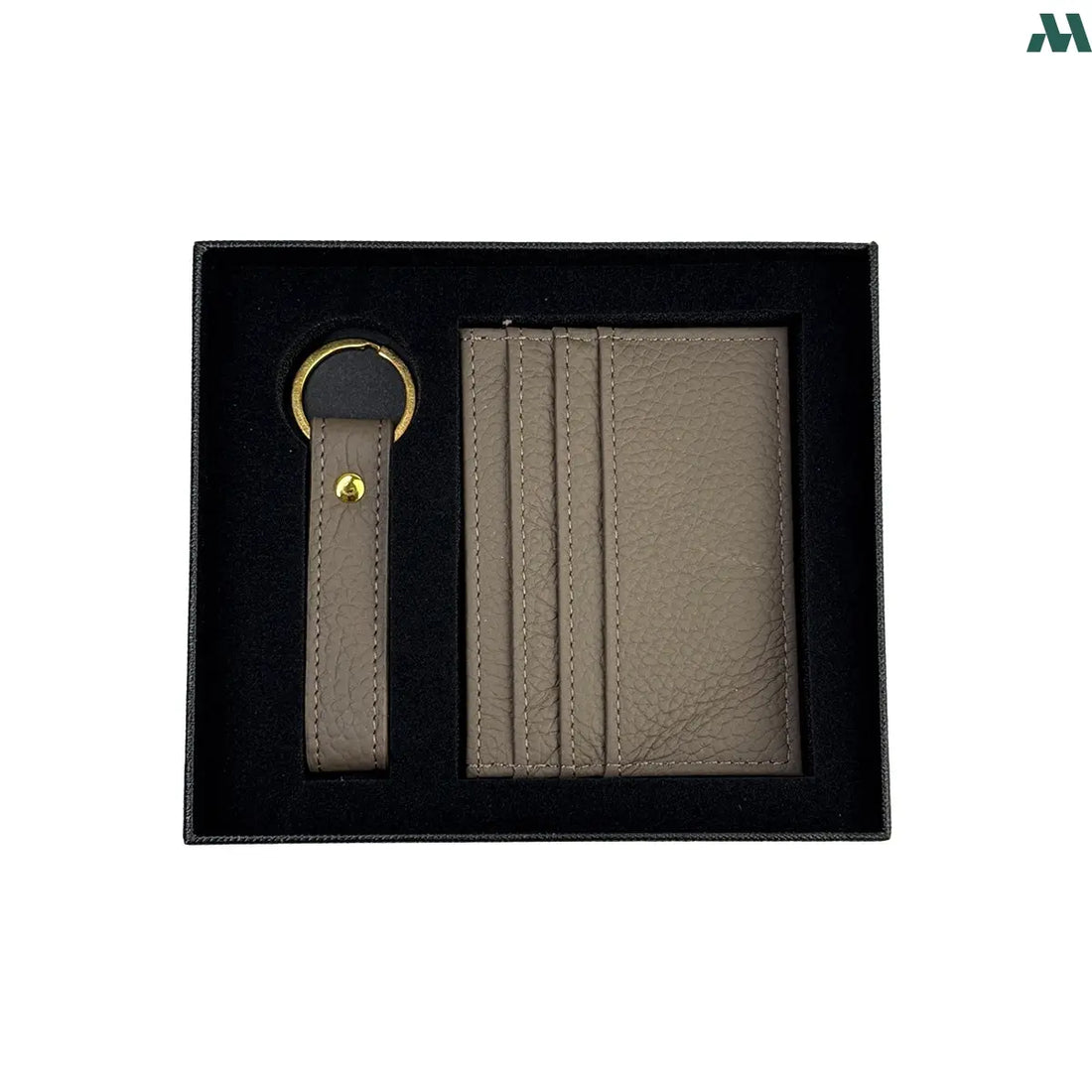Brown leather card holder and keychain gift set