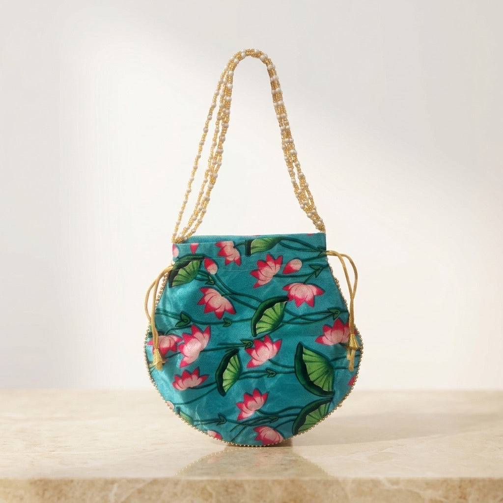 Blue floral print handcrafted potli bag